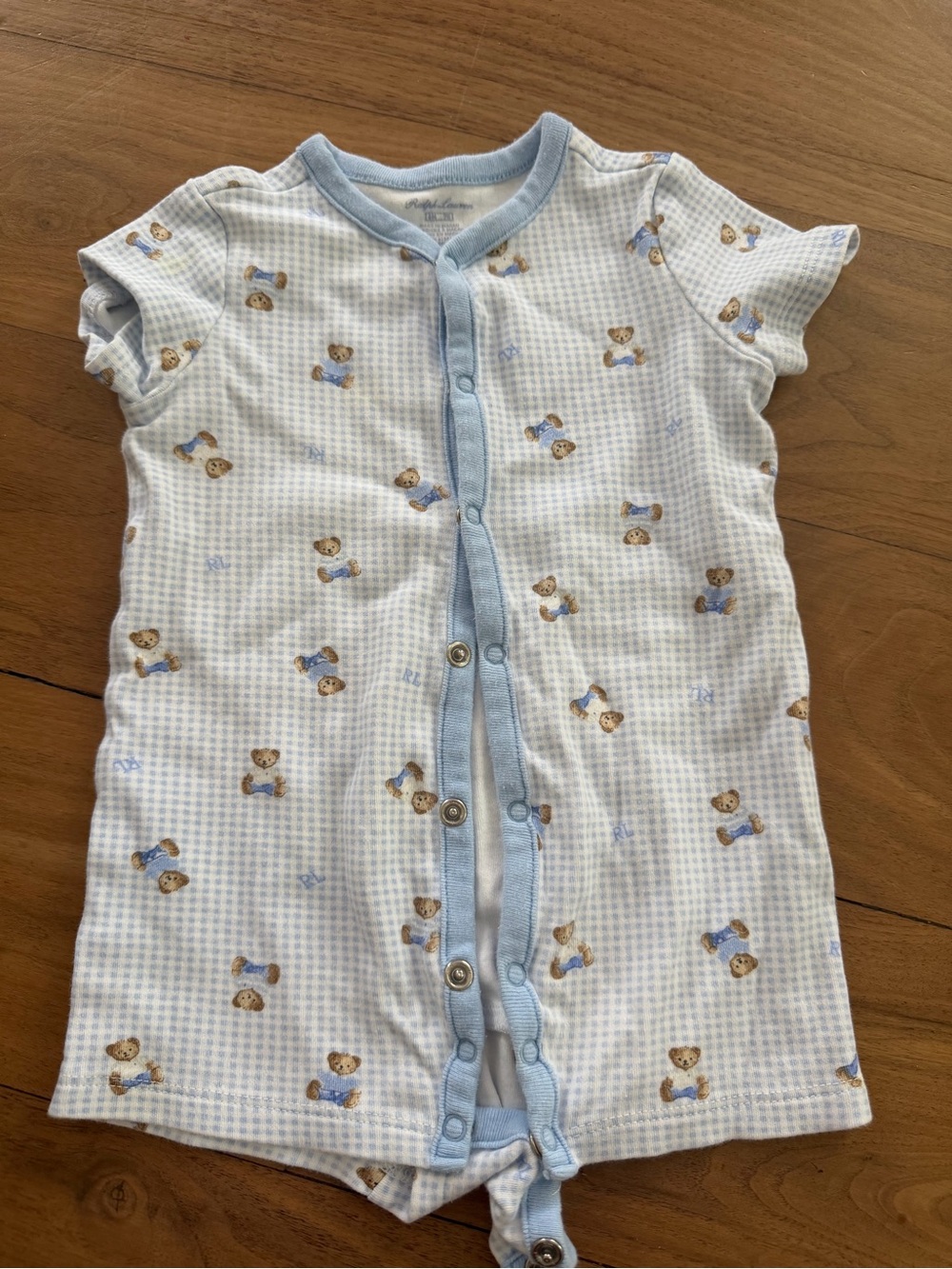 Ralph Lauren Light Blue Gingham Baby Romper with Bear Print